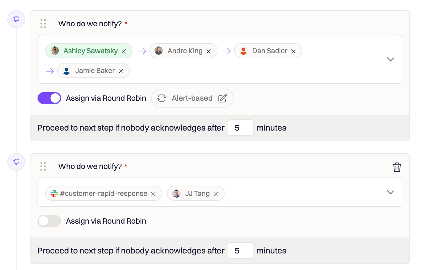 Screenshot: an escalation policy with the "Round Robin" toggle turned on.