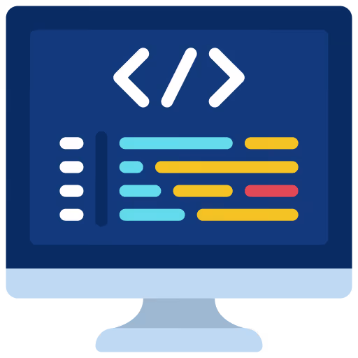 Computer monitor displaying colorful code lines with HTML tags on a dark blue background.