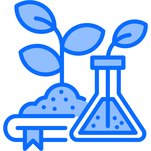 Icon of a plant with leaves growing from soil beside a laboratory flask with a leaf inside.