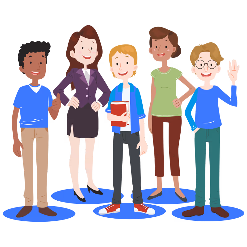 Group of five diverse young adults standing together, smiling, one holding books, one waving.