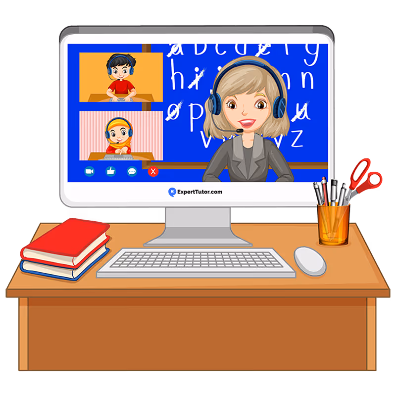 Computer screen showing online tutor teaching two kids with alphabet background on a desk with books and supplies.