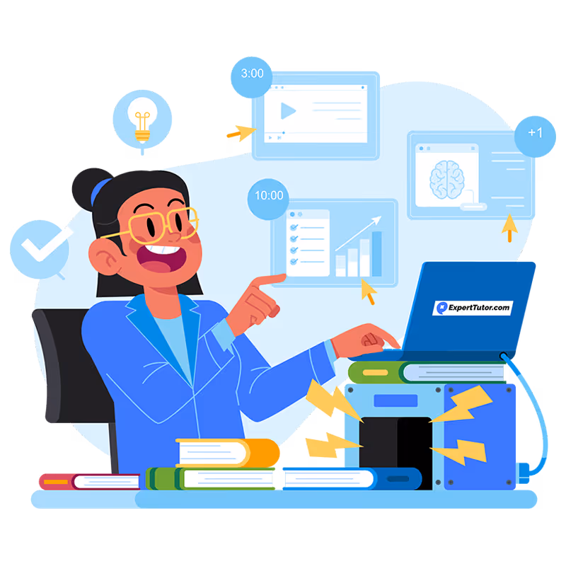 Smiling woman with glasses using laptop for online learning with digital study icons and books.