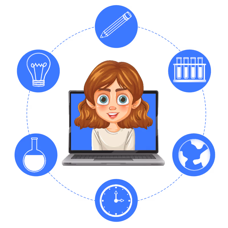 Cartoon girl on laptop screen surrounded by icons of science, time, globe, idea, and pencil.