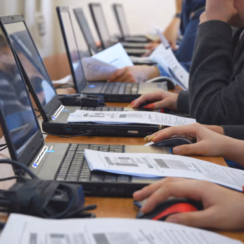 People using laptops with papers on desks in a row, focused on hands operating mice and holding documents.
