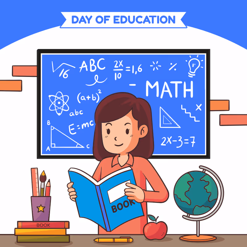 Female teacher holding book in front of math blackboard with equations, globe, apple, and pencils nearby.
