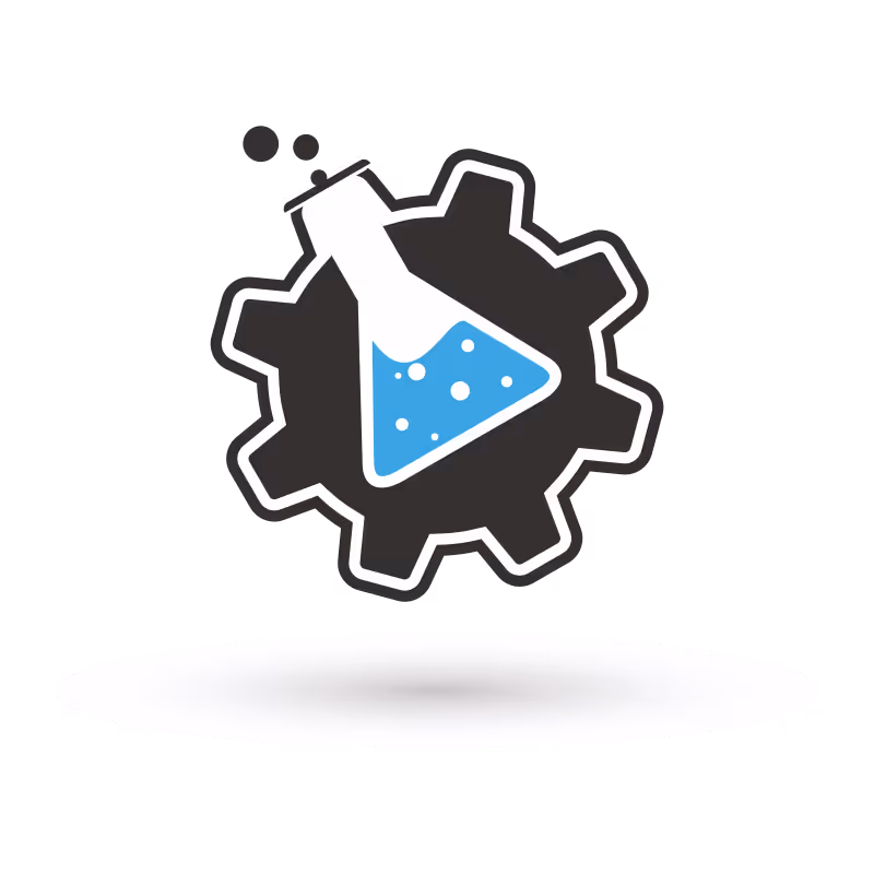 Blue liquid-filled lab flask with bubbles inside a black gear icon.