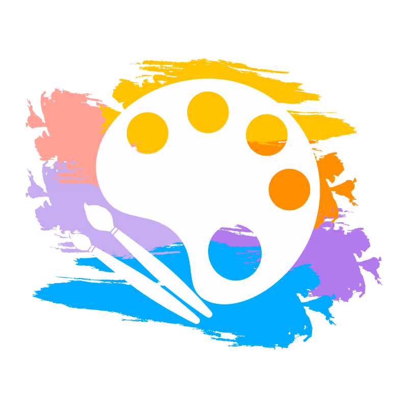 White artist palette with paint spots and two paintbrushes on colorful paint strokes background.