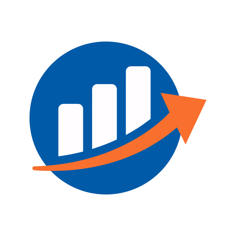 Blue circle with white ascending bar chart and orange upward arrow indicating growth.