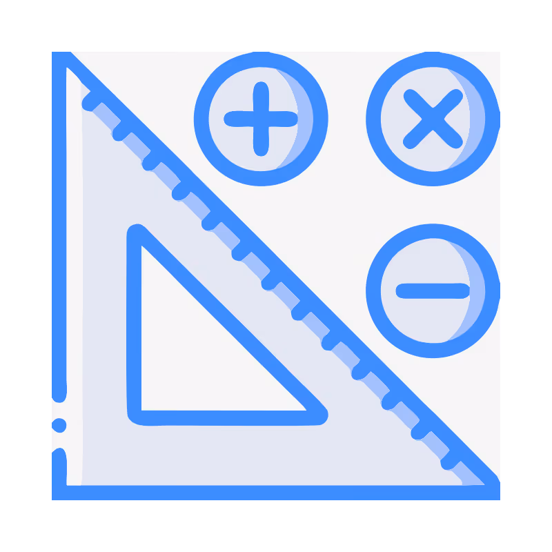 Blue triangular ruler with plus, multiplication, and minus signs in circles on white background.