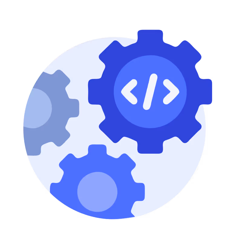 Three blue gears with one gear displaying coding symbols in a light circle background.