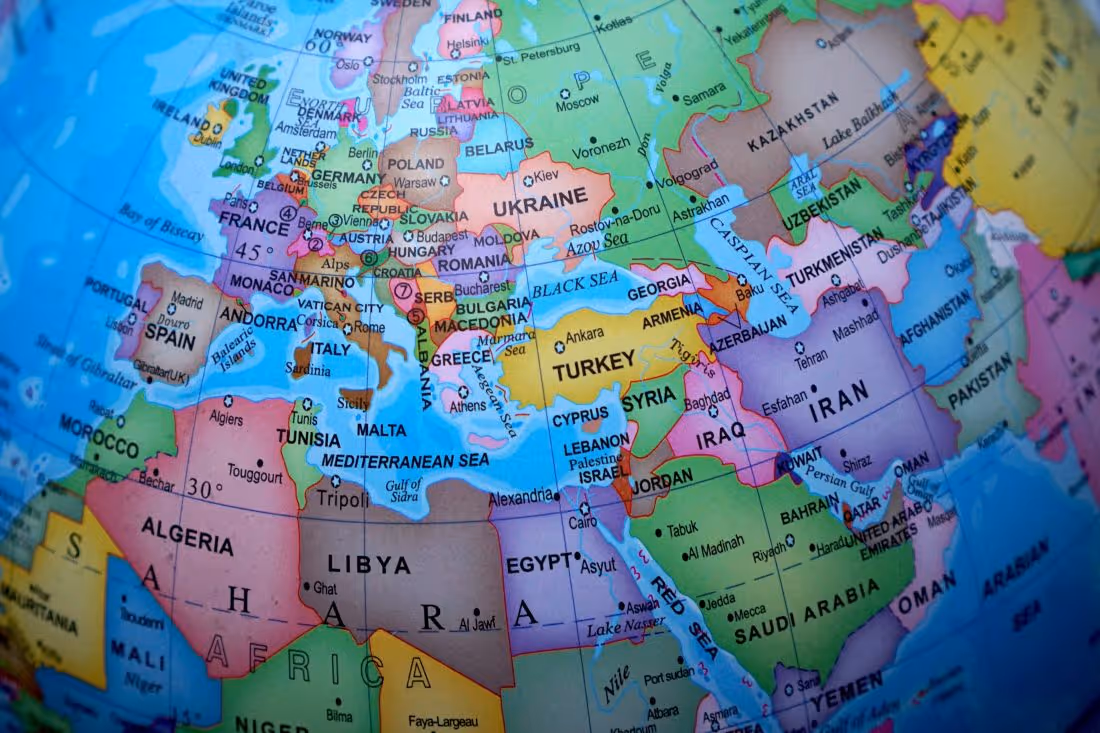 Map showing Europe, Northern Africa, and Western Asia with country names and major cities labeled.