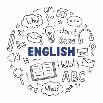 Doodle of English learning elements including words, book, pencil, lightbulb, headphones, and graduation cap.