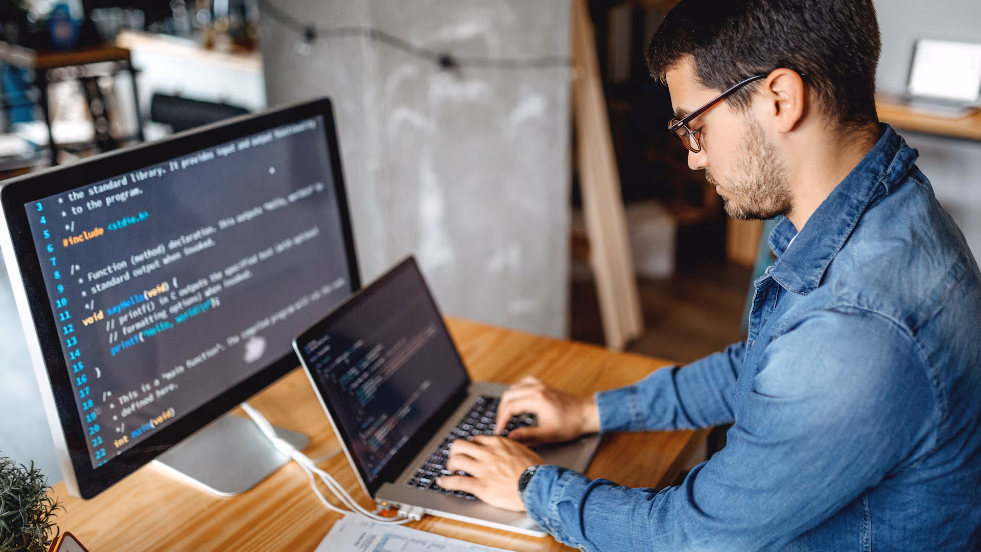 Man with glasses typing code on a laptop with a monitor displaying C programming code.