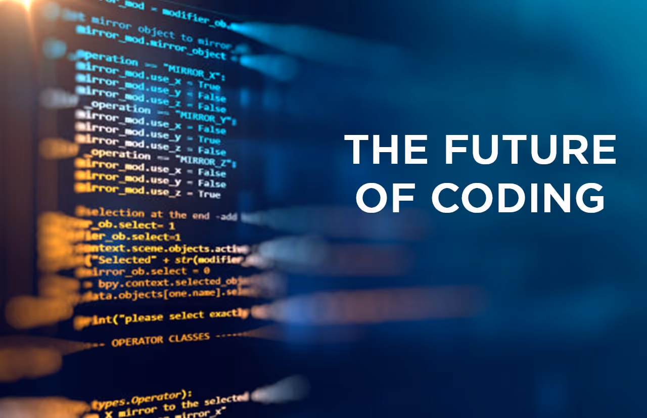Blurred computer code on the left with white text saying 'THE FUTURE OF CODING' on the right.
