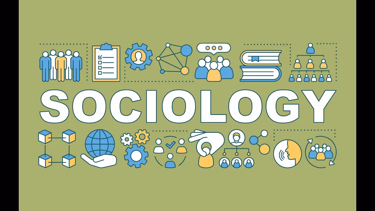Illustration of SOCIOLOGY with icons of people, books, network, globe, gears, and communication on green background.