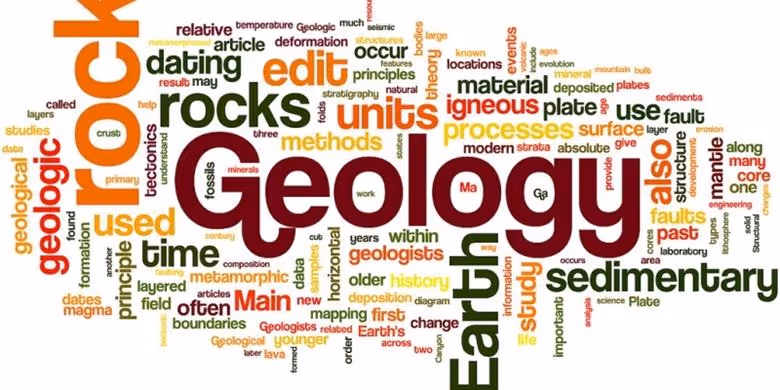 Colorful word cloud with geology terms like rocks, Earth, sedimentary, igneous, and processes.