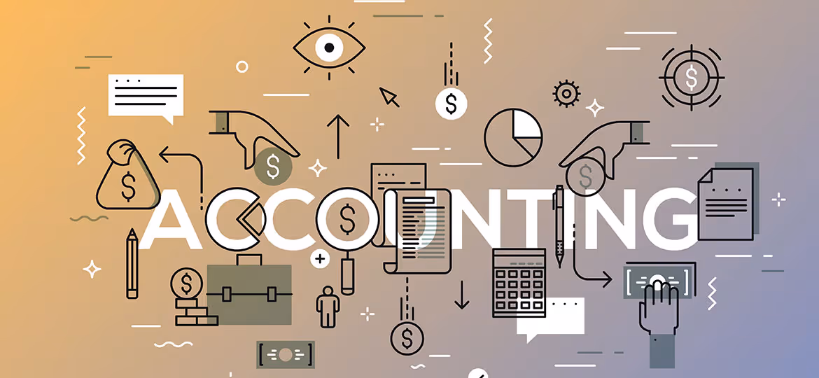 Accounting word with icons of money bags, calculator, documents, charts, and hands holding coins and cash.