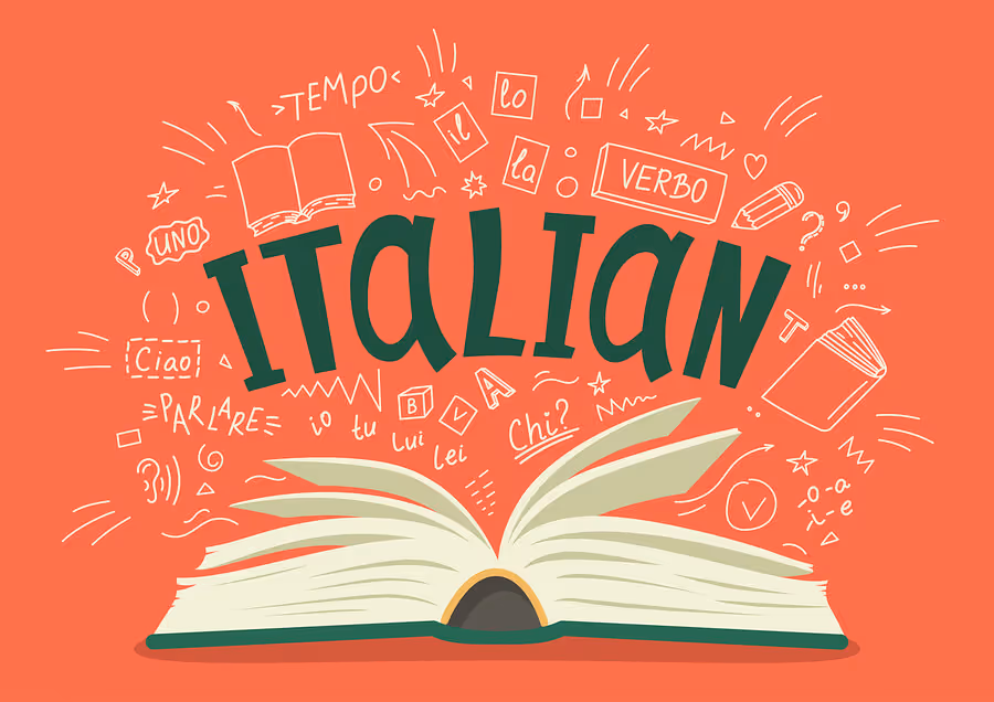 Open book with the word ITALIAN above and Italian words and symbols around on orange background.