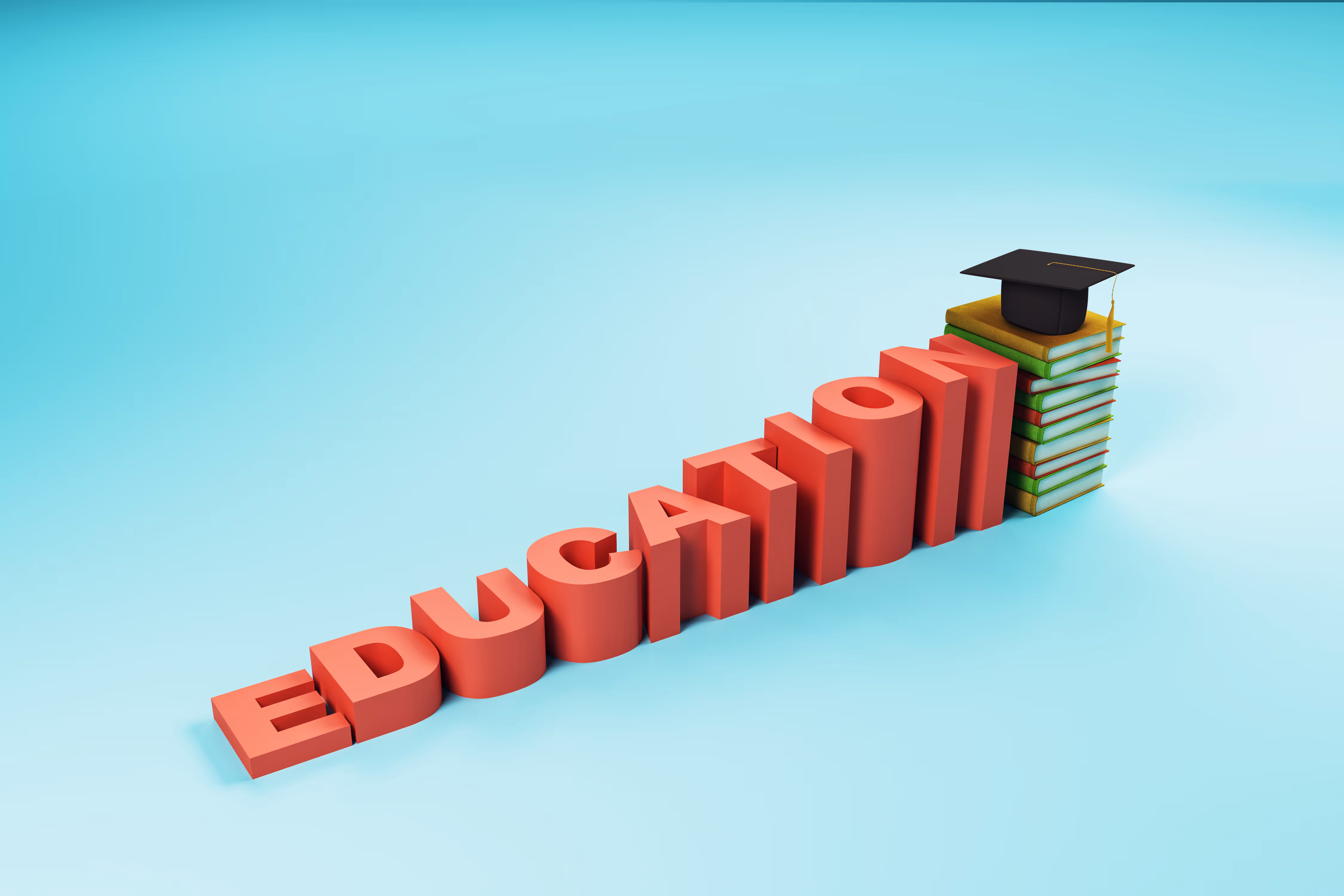 Red 3D text spelling EDUCATION rising to stacked books topped with a graduation cap.