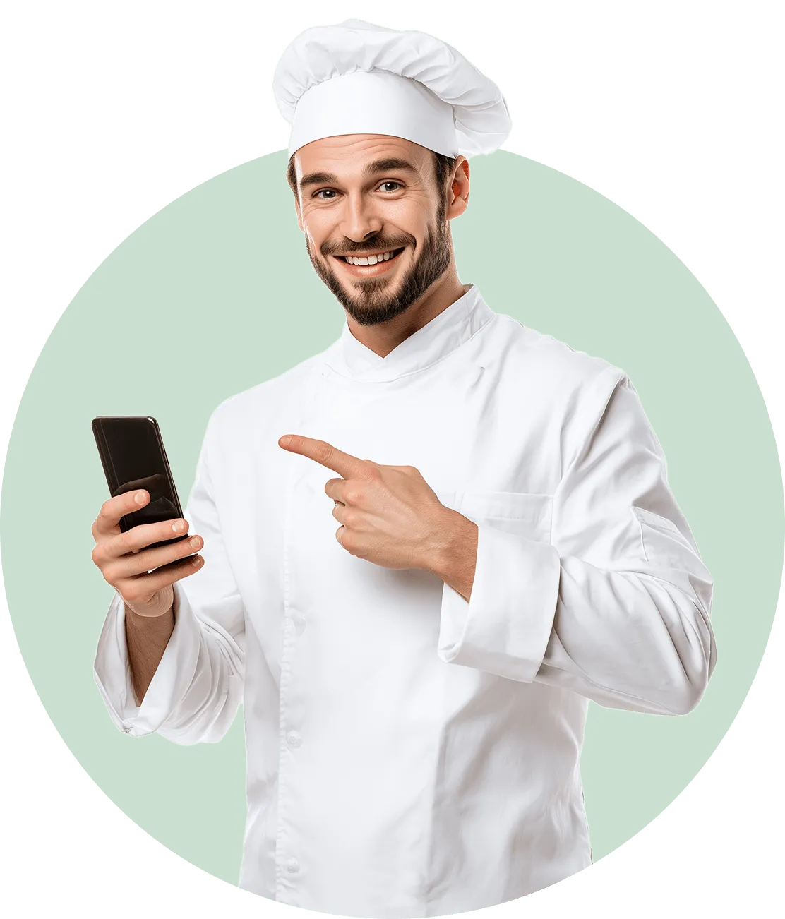 Chef tenant son téléphone, heureux des résultats obtenus sur les plateformes de livraison.