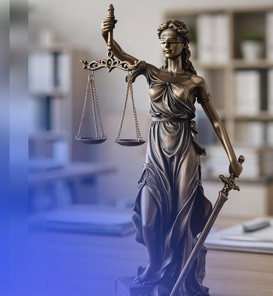 Statue der Justitia, die eine Waage und ein Schwert hält, in einer Büroumgebung.