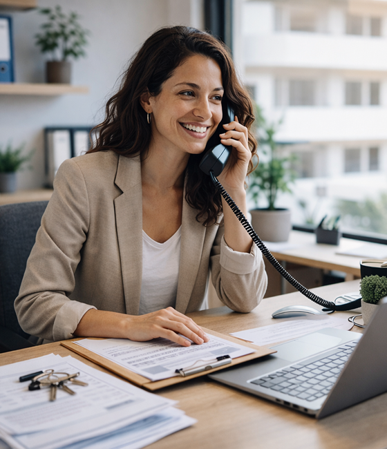Eine Frau, die in einem Büro telefoniert, während vor ihr Dokumente und ein Laptop liegen.