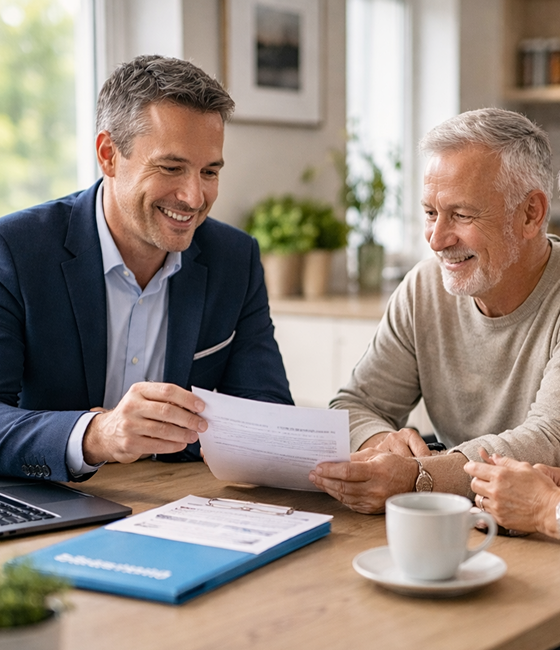 Ein Mann, der sich mit einem älteren Ehepaar berät und ein Dokument bespricht.