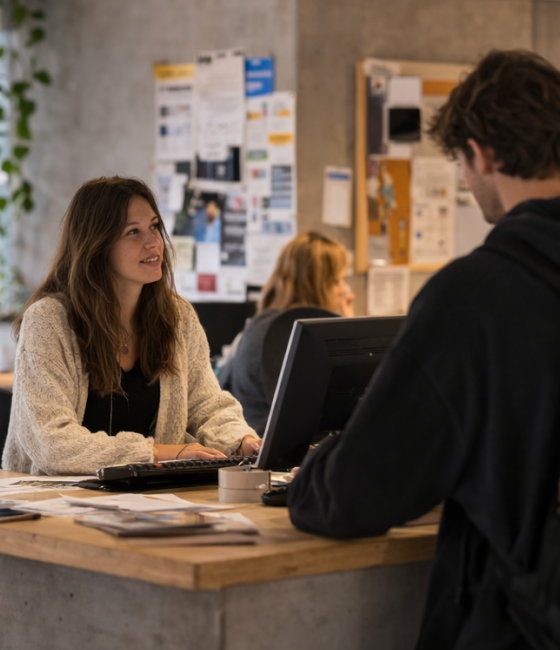 A woman at an office talking to customers.
