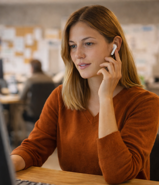 Eine Frau in einem Büro, die mit In-Ear Kopfhörern telefoniert.