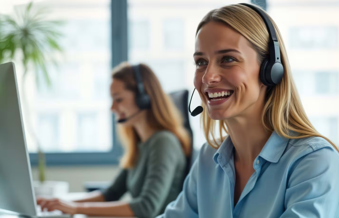 Eine Frau in einem Büro, die mit einem Headset telefoniert.