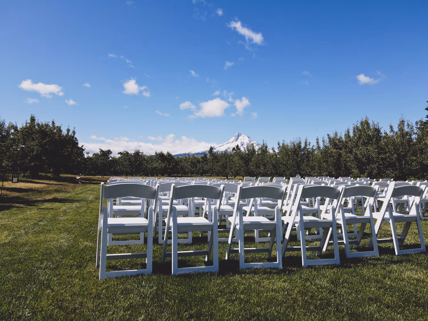 Rows of white folding chairs set for an outdoor wedding ceremony with Mt. Hood in the distance