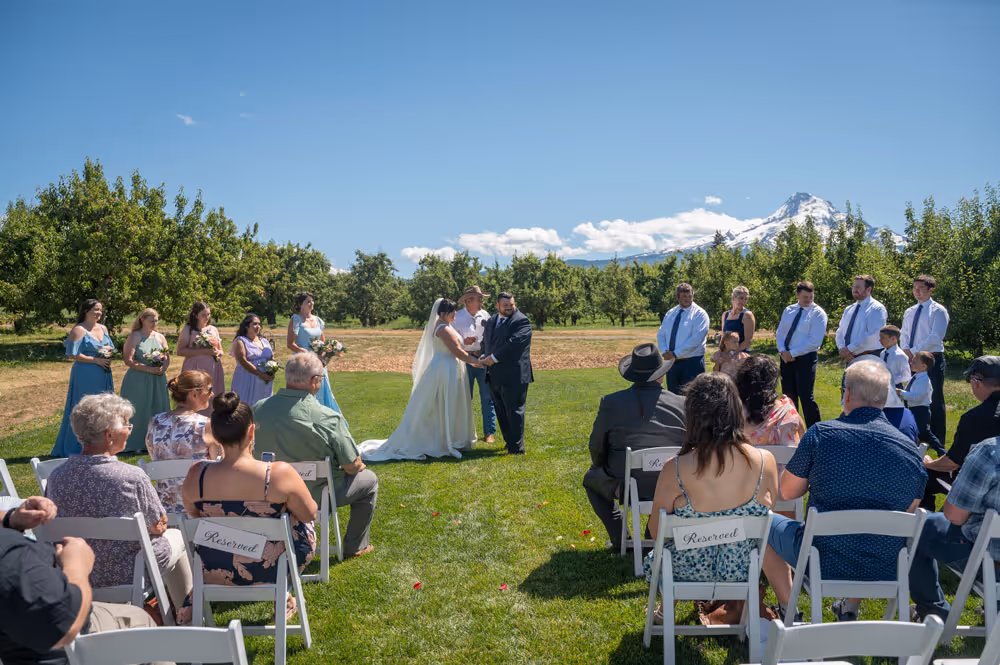 Bride and groom exchanging vows in front of guests with Mt. Hood in the background at The Perfect Pear in Parkdale, Oregon