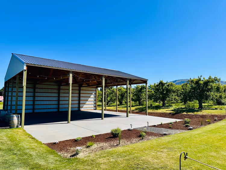 View from inside the pole barn pavilion, framed by wooden beams and string lights, with pear orchards and Mt. Hood beyond.