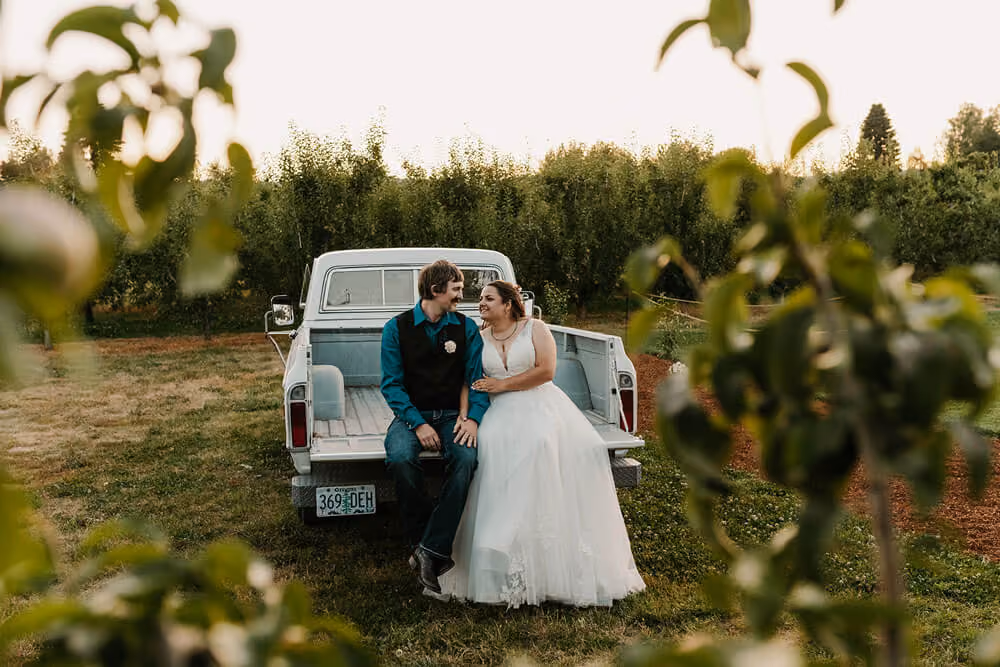 Newlyweds sitting on the tailgate of a vintage pickup in a Hood River Valley pear orchard, framed by leaves at golden hour.