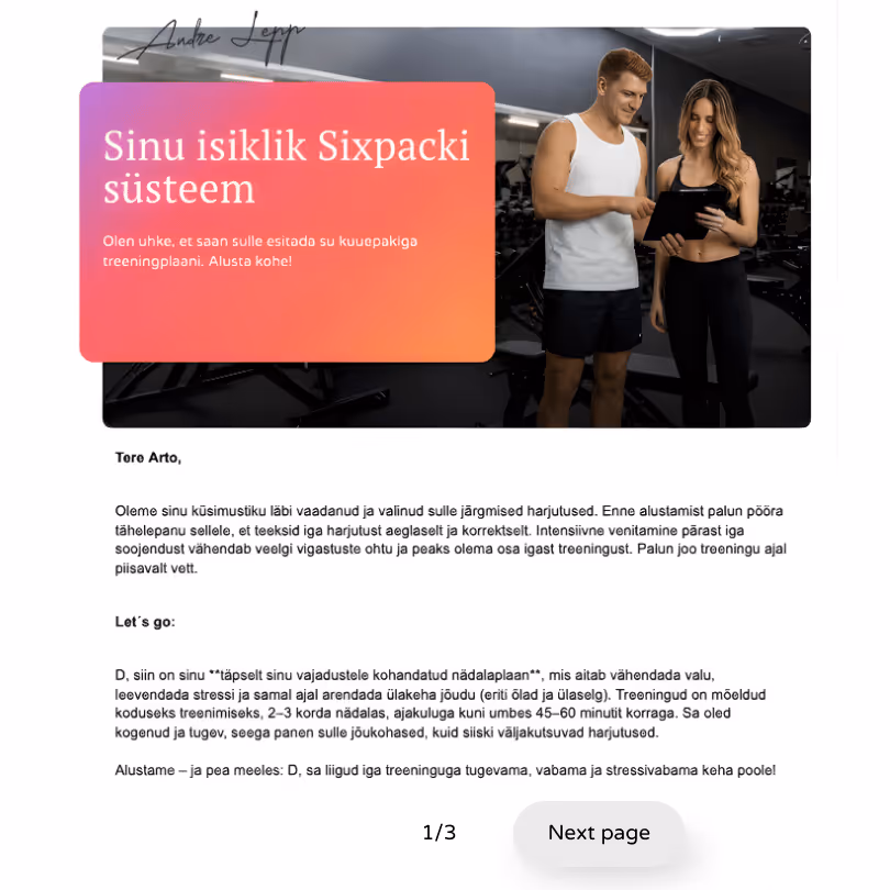 Mees ja naine jõusaalis vaatavad koos pliiatsiga tahvelarvutit, kõrval on tekst plaanist Sinu isiklik Sixpacki süsteem.