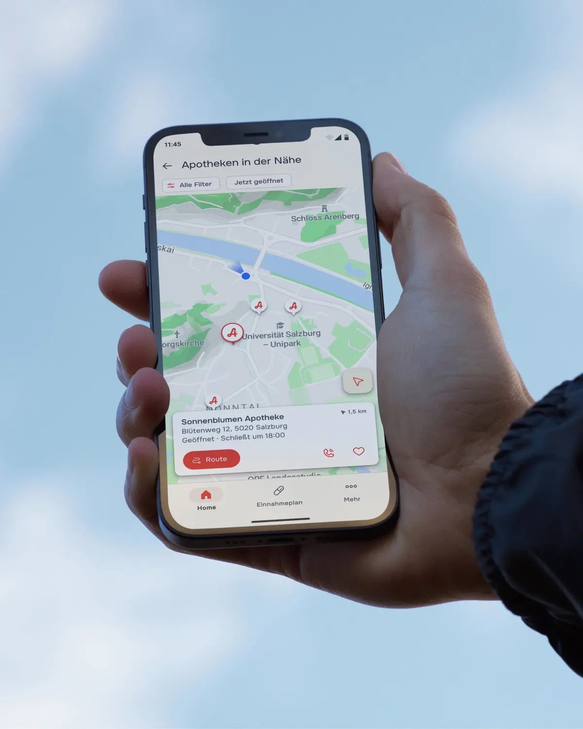 ApoApp - Startscreen mit Suchfunktion und Navigation