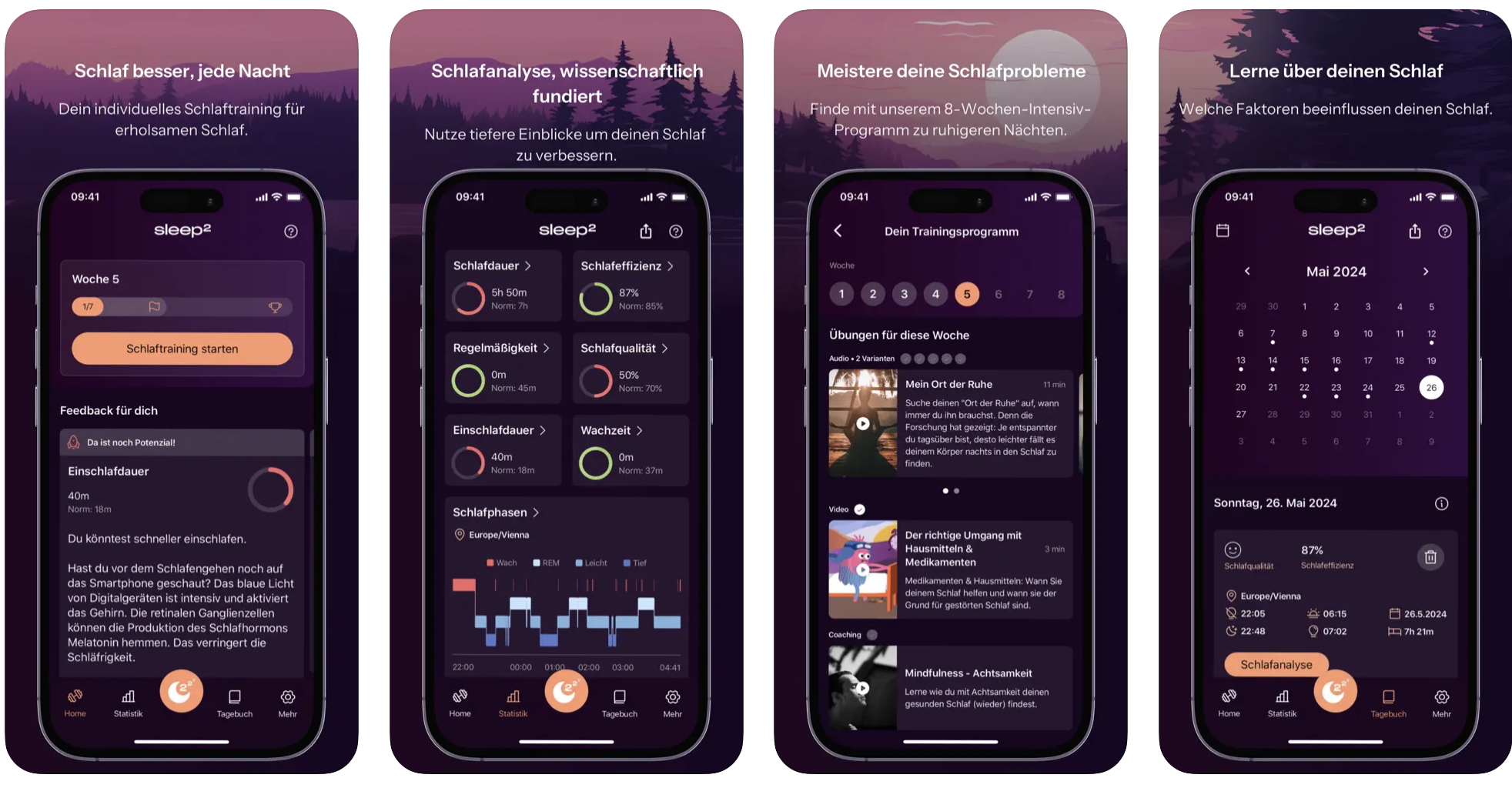 sleep² App - Verschiedene Screens und Nutzerführung