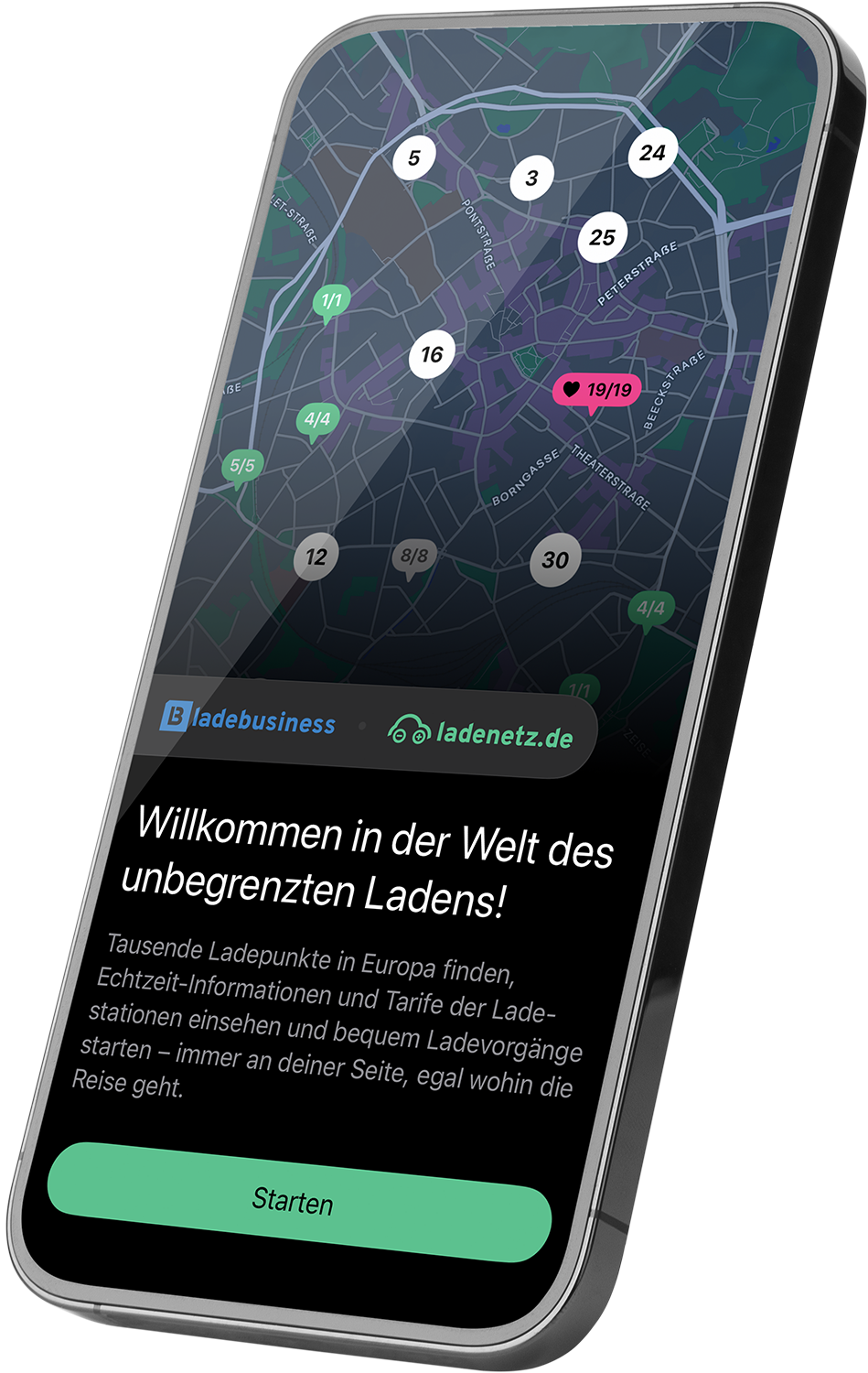 ladeapp Willkommensscreen - Zugang zu E-Ladepunkten in Europa