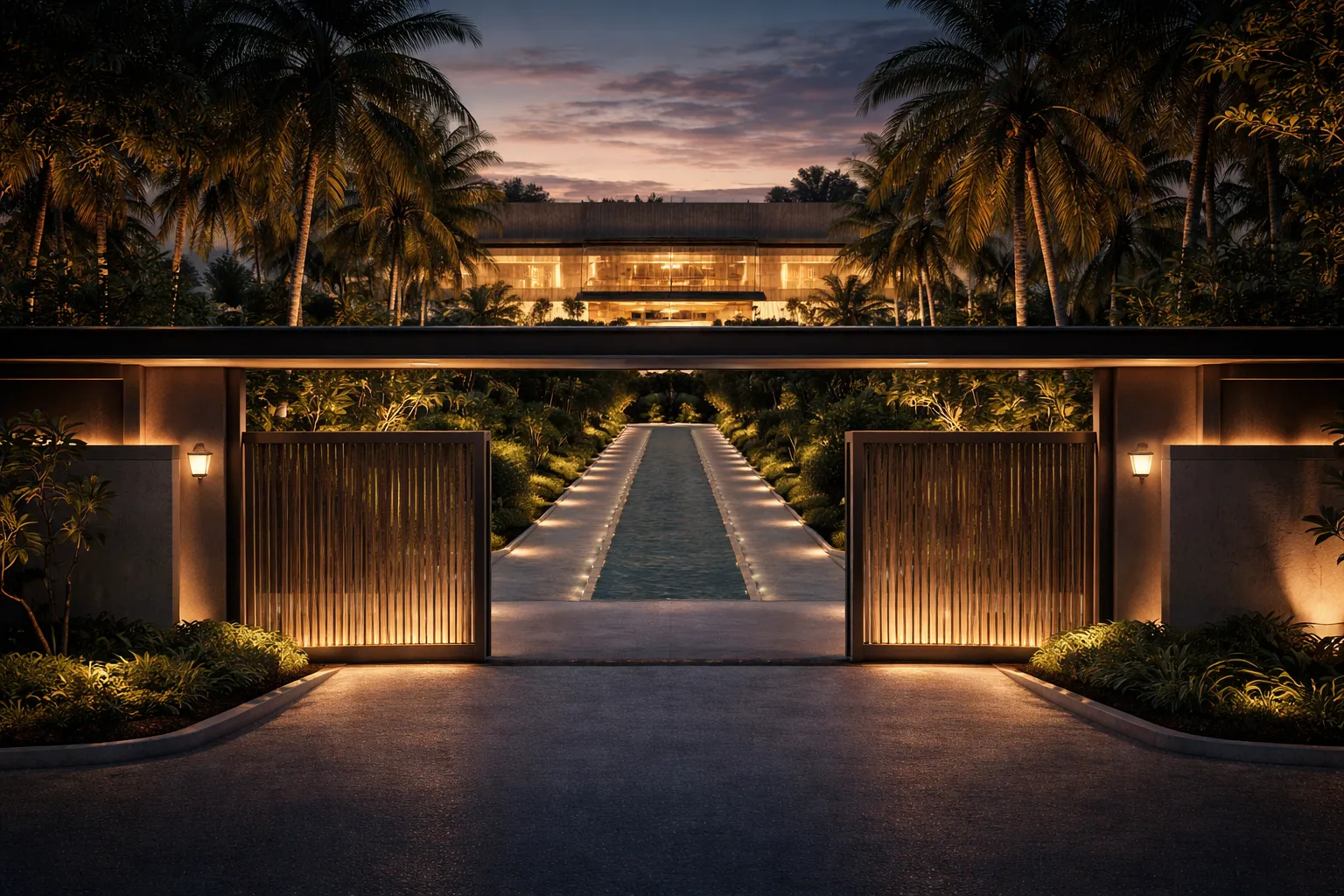 Elegant modern mansion entrance at dusk with open wooden gates, illuminated pathway pool, and palm trees.
