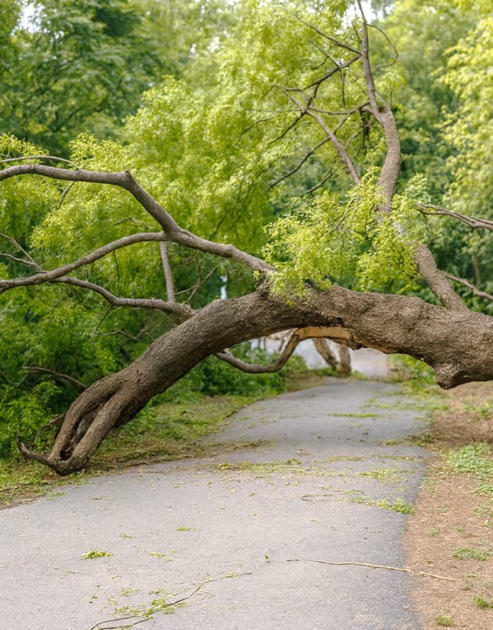 Gefallener Baum blockiert Asphaltweg in grünem Wald mit Zweigen und Blättern.