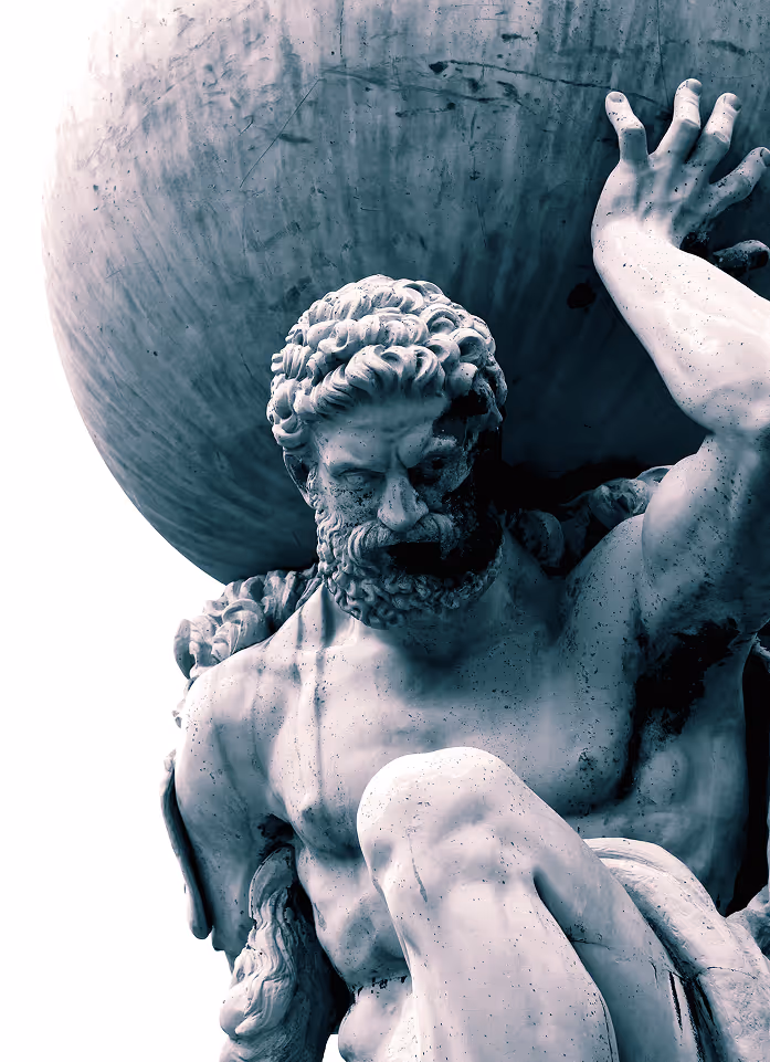 Statue des Atlas, der eine große Kugel auf seinen Schultern trägt.