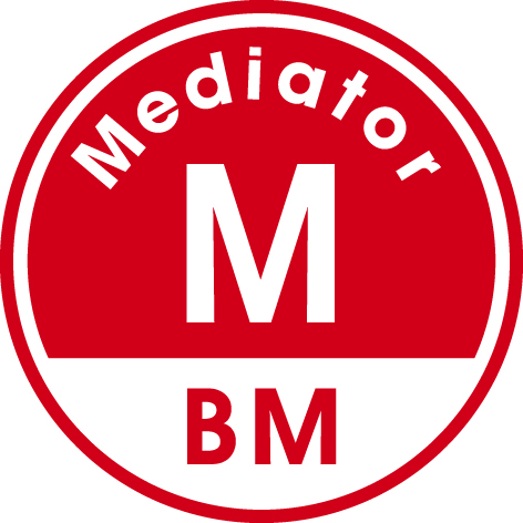 Rotes rundes Symbol mit weißem Buchstaben M und Text Mediator BM.