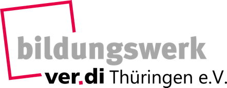 Logo von bildungswerk ver.di Thüringen e.V. mit rotem Rahmen links oben.