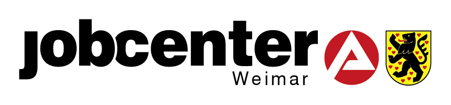 Logo des Jobcenters Weimar mit rotem Symbol und Berliner Bär im Wappen.