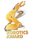Gold robotic arm trophy twisting in a spiral with 'Robotics Award' text below.