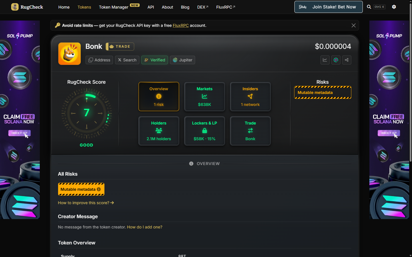 RugCheck page for Bonk showing the RugCheck Score, Risks, Holders and Lockers & LP tiles, 1 October 2026