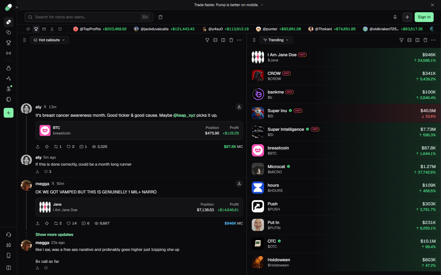Pump.fun board on 1 October 2026 with a Hot callouts feed and a Trending list showing market cap and percent change
