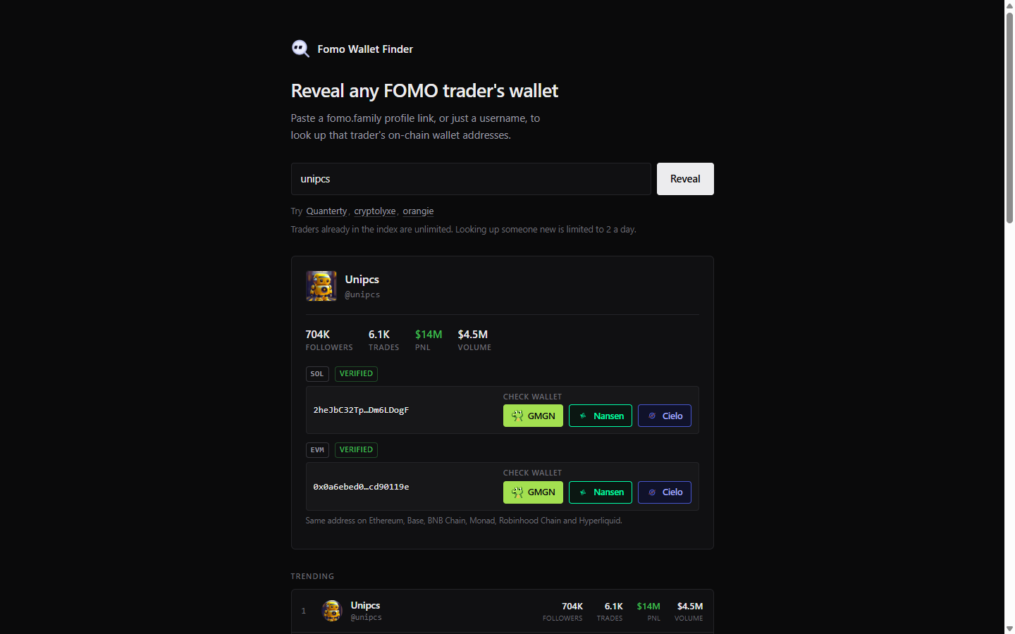 Fomo Wallet Finder showing Unipcs with verified Solana and EVM addresses, 1 October 2026