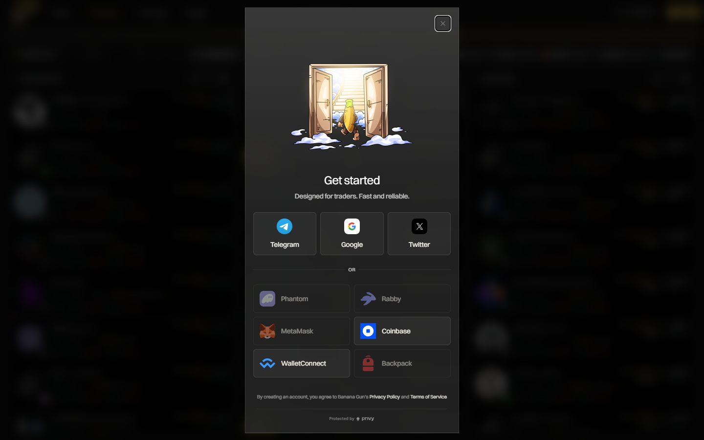 Banana Gun Pro sign-in window with Telegram, Google, Twitter and wallet options such as Phantom, MetaMask and Coinbase, 1 October 2026