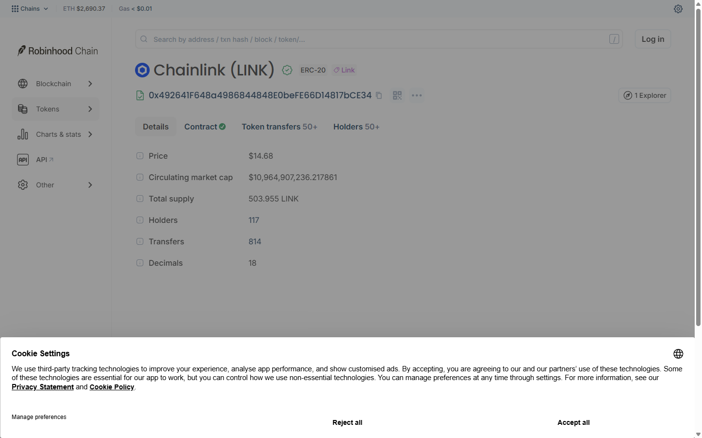 Chainlink LINK token page on the Robinhood Chain explorer showing Price, Circulating market cap, Total supply, Holders and Transfers, 1 October 2026